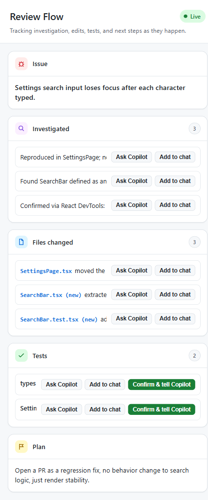 Review Flow canvas resized to side-panel width, with item text and test names clipped mid-word because content and buttons were forced onto one non-wrapping row